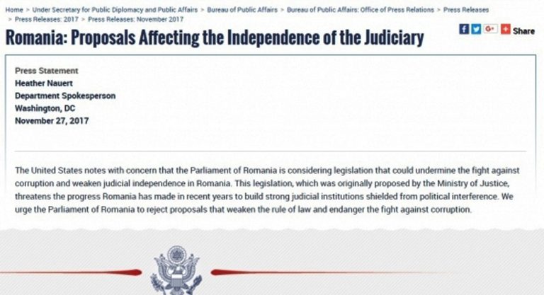SUA cer Parlamentului Romaniei sa NU VOTEZE legile Justitiei